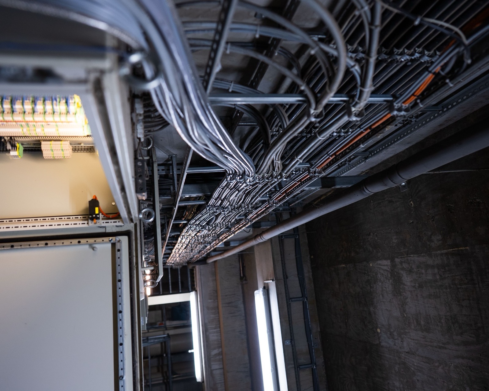 Kabeltrasse mit gebündelten Leitungen und Schaltschrank in einer Industrieinstallation
